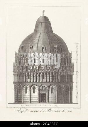 Battistero di San Giovanni a Pisa; Prospetto esterno del Battistero di Pisa. Het Exterieur Van Het Baptisterio (Battistero di San Giovanni) a Pisa. Onder De Voorstelling een Schaalverdeling. Foto Stock
