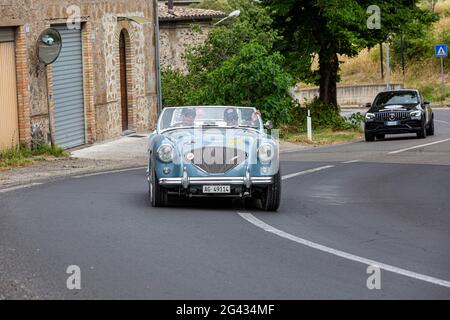 Orvieto, Italia. 18 Giugno 2021. A 1955 Austin Healey 100M arriva a Orvieto. Credit: Stephen Bisgrove/Alamy Live News Foto Stock