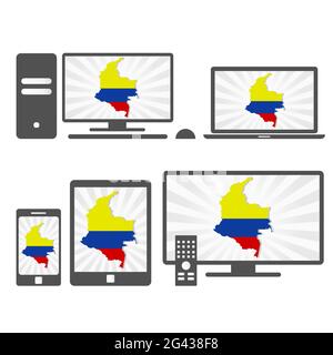 Molti dispositivi multimediali (tablet, pc, cellulare, laptop, smart tv) con la mappa e la bandiera della Colombia. Illustrazione Vettoriale