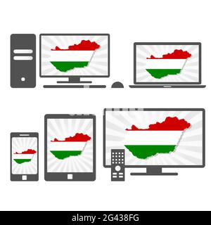 Molti dispositivi multimediali (tablet, pc, cellulare, laptop, smart tv) con la mappa e la bandiera dell'Ungheria Illustrazione Vettoriale