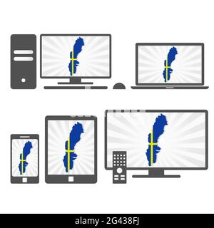 Molti dispositivi multimediali (tablet, pc, cellulare, laptop, smart tv) con la mappa e la bandiera della Svezia. Illustrazione Vettoriale