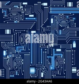 Sfondo del circuito elettronico blu e luminoso Illustrazione Vettoriale