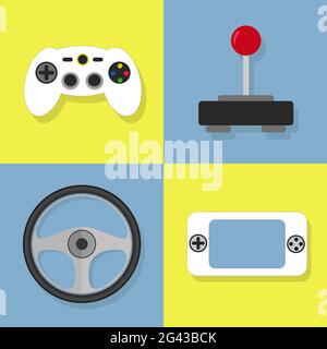 Icone colorate del videogioco. Joystick, controller, ruota, game pad. Illustrazione Vettoriale