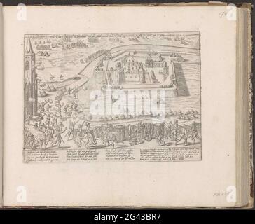 Castello di Westerlo conquistato da Mansfeld, 1583; Who Westerloo in Brabant von den Malcontent Erobert und Ensours Ao. DNI. 1583 5. JOUNIJ; Serie 9: Eventi olandesi e tedeschi, 1583-1587. Il castello di Westerlo a Breda è stato ucciso dall'esercito del conte di Mansfeld, il 5 giugno 1583. Con didascalia di 12 regole in tedesco e 6 regole in francese. Sinistra sotto numerata: 189. La stampa fa parte di un album. Foto Stock