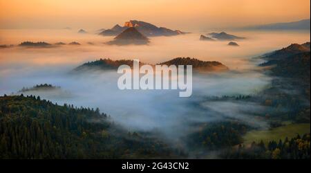 Nebbia nelle montagne di Pieniny all'alba, Polonia minore Voivodato, Polonia Foto Stock