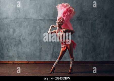 Donna in costume di samba o di Lambada con piume rosa piumino Foto Stock