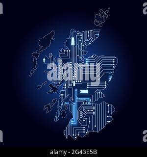 Mappa dei contorni della Scozia con un circuito elettronico tecnologico. Illustrazione Vettoriale