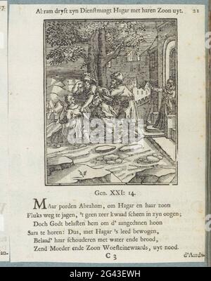 Abraham dissipa Hagar e Ismaël; Abram Dryft Zyn Dienststert Hagar con Haren Son UYT. Abramo manda Hagar e il suo primo figlio Ismaël con un sacchetto d'acqua via su richiesta della moglie Sara. Sara si trova sul braccio nella porta con il figlio più giovane Isaac. Sopra la mostra un titolo. Ci sono sei nuove regole e un riferimento alla Genesi 21:14. La stampa fa parte di un album. Foto Stock