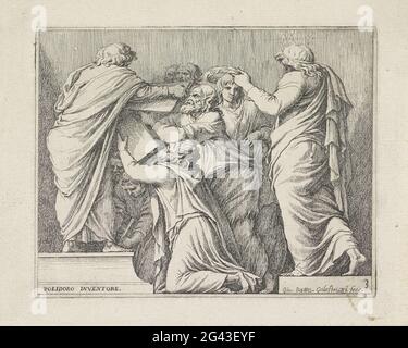 Lycurgus e Numa Pompilius danno ai Romani le leggi; scene della storia romana. Il leader spartano Lycurgus e il re romano Numa Pompilius condividono le leggi su una folla di romani. Foto Stock