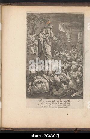 Soldati che cadono intorno a Cristo a terra; del Lyden e Christi della Passione; Passione di Cristo; Den Grooten Figuer Bibel (...). Cristo si annuncia alla corte di Getemane. Giuda, il suo traditore e i soldati sono indietro e cadono a terra. Sullo sfondo, Simon Petrus tira la spada per girare l'orecchio destro di Malchus. Sotto la mostra un versetto di quattro righe in latino. In basso a destra della lettera: c. Questa stampa fa parte di un album. Foto Stock