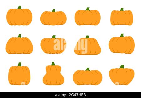 Zucche di colore arancione con code verdi in stile vettoriale piatto con un'ombra prominente su ogni parte convessa della zucca. Decorazione della camera, piatti, tazze, vestiti, notebook. Per Halloween, vendemmia. Illustrazione Vettoriale