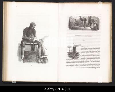 La spazzatura del camino, 1840-1841. Il camino spazzare. Uomo seduto su un camino su un tetto. Numerato: 29. Illustrazione nel libro 'De Nederlanden: Disegni di carattere, forze di abbigliamento, atteggiamento e prevenzione di posizioni diverse', un libro con disegni di carattere, professioni e forze di marketing del popolo olandese dal 1841. Foto Stock