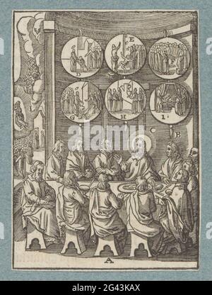 Cristo appare agli apostoli per l'ultima volta. Cristo appare sugli apostoli mentre mangiano. Egli dà loro la colpa della loro incredulità e della loro ostinazione e li porta in su attraverso il mondo. Nei sei cerchi sopra il contenuto del Vangelo è raffigurato. Sullo sfondo potete vedere come Cristo è incluso nel cielo. Con vari elementi della mostra sono lettere. La stampa fa parte di un album. Foto Stock