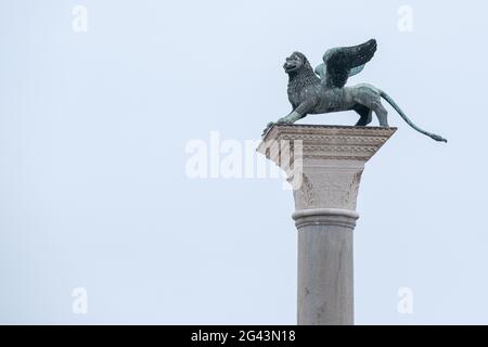 Vista del Leone di San Marco, la statua in bronzo simbolo di Venezia arroccata sulla colonna di Piazza San Marco, San Marco, Venezia, Veneto, Italia, EUR Foto Stock