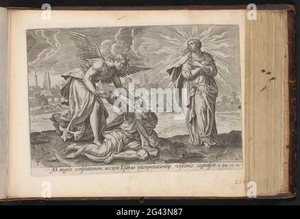 Seconda visione di Ezra: Ezra confortata dall'angelo; Van esdras e nehemias; visioni di Ezra; Den Grooten Figuer Bibel (...). L'angelo Uriël conforta Ezra e lo aiuta. Oltre a Ezra la sua visione della donna radiosa Sion. Se scompare, la città di Ezra costruita sullo sfondo. Sotto la mostra un riferimento in latino al testo della Bibbia di Apolyfa in 4 Ezra 10:25. Questa stampa fa parte di un album. Foto Stock