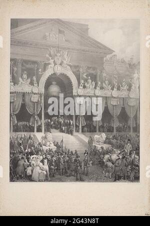 Inderding da Leopoldo i come re dei Belgi, 1831. Solenne inaugurazione del Re Leopoldo i a Bruxelles il 21 luglio 1831. Il re in piedi tra funzionari del governo e ospiti un discorso di Surlet de Chokier, maturato sulla preda per la chiesa di Sint-Jacob on-Koudenberg a Koningsplein. In primo piano il pubblico e i membri del corpo di volontari del marchese de Chasteler. Foto Stock