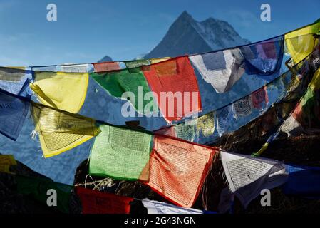 Bandiere di preghiera buddista sopra il campo base di Annapurna, Nepal, Himalaya, Asia. Foto Stock