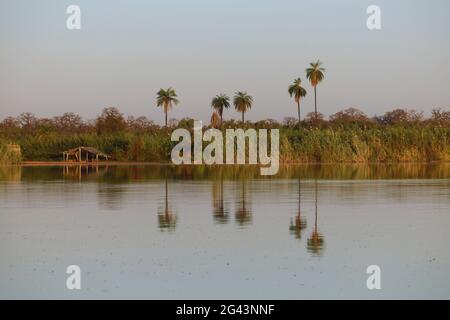 Gambia; Central River Region; Gambia River vicino a Kuntaur; Vista sulla riva occidentale; Shady Hut e fermata per il traghetto Foto Stock