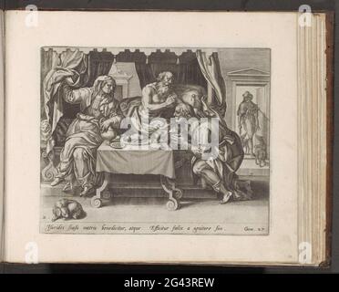 Isaac benedisse Giacobbe; Storia di Jakob ed Esaù; Historia Jacobi et esaù (...); Thesaurus sacrarum HistoriaRu [M] Veteris Testame [N] ti, Elega [N] Tissimis imaginibus Expressu [M] Excelle [N] Tissimoru [M] in Hac Arte Virormu [M] Opera [M] [ora] [M] [M] [M] [M] [M] [M] [M] [M] [M] [M] [M] [M] [ Il vecchio e cieco Isacco benedice Giacobbe, che si inginocchiò al letto. Con l'aiuto di sua madre Rebecca, che si trova sul bordo del letto, si travestì come suo fratello Esaù per ricevere la benedizione. Nel collo e nelle mani, Giacobbe porta il foglio di un pasticcio che assomiglia al suo fratello peloso. Sullo sfondo, Esaù torna dalla caccia Foto Stock