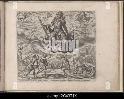 Temperamento colerico; Cholerici; i quattro temperamenti. Marte, il dio della guerra, è in cielo con spada e scudo e raffigura il pianeta con lo stesso nome. Sopra di lui ci sono tre segni dello zodiaco: RAM, Leone e Sagittario, che si adattano all'elemento fuoco. Tra loro, sulla terra, le persone che hanno un temperamento colerico: I soldati corrono la guerra e un fabbro è al lavoro. In fondo al margine un testo in latino sui colerici e sul pianeta associato. Questa stampa fa parte di un album. Foto Stock