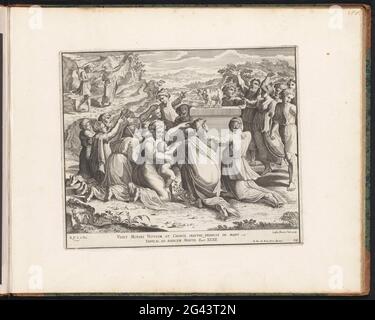 Culto del vitello d'oro; dipinti nella Loggia di Rafael; Imagins Veteris AC Novi Testamenti; Bibbia di Rafael. Gli Israeliti ballano e si inginocchiano per il vitello d'oro. Sullo sfondo a sinistra, Mosè, per ira sull'idolatria degli Israeliti, lancia il pranzo della legge. Versetto biblico sotto lo spettacolo. Stampa fa parte di un album. Foto Stock