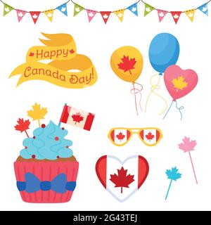 Set di cartone animato Happy Canada Day. Cupcake patriota canadese con foglia d'acero, bording bandiera garland, palloncino, bicchieri e nastro. Canada Day National Celebration Collection. Illustrazione vettoriale isolata Illustrazione Vettoriale
