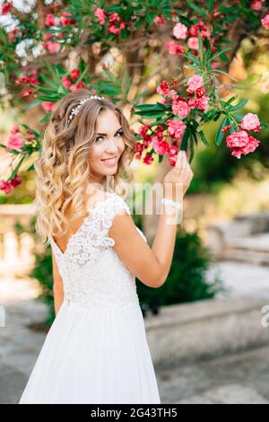 Una sposa sul sito vicino all'antica chiesa di Prcanj, sniffing fiori rosa sui rami lussureggianti di oleandro, primo piano Foto Stock