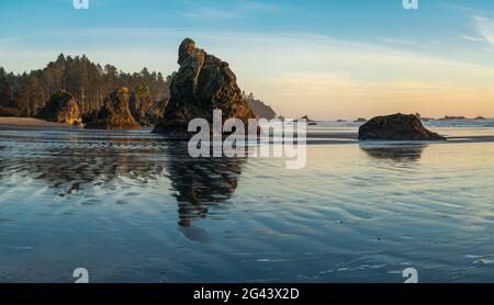 Sea stack formazioni rocciose su Ruby Beach, Olympic National Park, Washington, USA Foto Stock