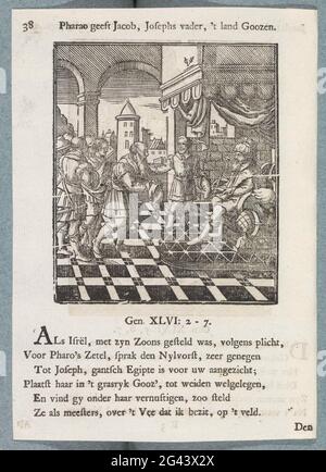 Giacobbe è proposto da Giozef al Faraone; il Faraone dà a Giacobbe, padre di Giuseppe, il paese di Goozen. Giacobbe presenta il padre Giuseppe al Faraone, seduto su un trono sotto un baldacchino. Lasciarono cinque dei fratelli di Giacobbe. Il faraone dà il permesso di vivere a Gosen. Sopra la mostra un titolo. Vi sono sei nuove regole e un riferimento alla Genesi 46: 2-7 (Genesi 47: 2-7). La stampa fa parte di un album. Foto Stock