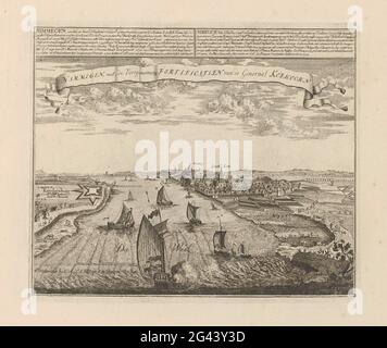 Faccia di Nijmegen; stretto, con le fortificazioni previste del generale Koehoorn; stretta, una città in Neerl [an] d la capitale V [an] Gelderl [an] D (...) 1702 i francesi invano e sfuggirono vergognosi; Les principales Forterses & Villes Fortes, D'Espagne, De France, D'Italie, i Savoia, D'Allemagne & des Païs-Bas (...) / immagini sittinguriali delle principali città forti e fortezze di Spanjen, Vrankryk, Italien, Savoy, Duytsland e Nederlanden (...). Vista del Waal e Nijmegen. Sulla sinistra si trova Fort Knodsenburg. Con testi in olandese e francese. Il testo si riferisce all'attacco fallito di Th Foto Stock