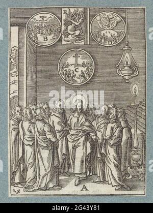 Cristo predice l'arrivo dello Spirito Santo. Cristo si trova tra i suoi studenti e racconta loro dell'arrivo dello Spirito Santo, del culto della Croce, della sua ascensione e deviazione del diavolo. Con vari elementi della mostra sono lettere. La stampa fa parte di un album. Foto Stock