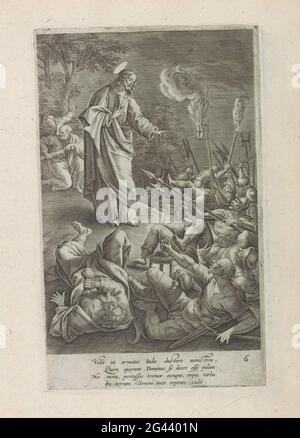 Soldati che cadono intorno a Cristo a terra; vita e passione di Cristo; Thesaurus Novi Testamenti Elegantissimis Iconibus Expressus Continens Historias atque Miracula doni nostri Iesu Christi. Cristo si annuncia alla corte di Getemane. Giuda, il suo traditore e i soldati sono indietro e cadono a terra. Sullo sfondo, Simon Petrus tira la spada per girare l'orecchio destro di Malchus. Sotto la mostra un versetto di quattro righe in latino. Questa stampa fa parte di un album. Foto Stock