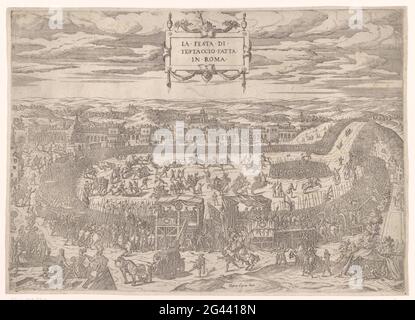 Festa papale sulla batteria di prova a Roma nel 1534; la festa di Testaccio fatta a Roma. Festa papale sul Testaccio a Roma nel 1534. Nell'arena del testaccio, la corrida si svolge con il carnevale. Foto Stock