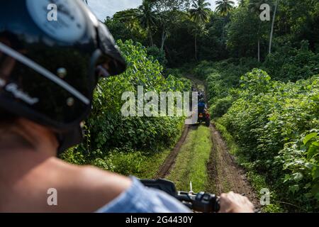 Guardando sopra le spalle durante un'escursione in un veicolo fuoristrada quad su una strada sterrata attraverso la lussureggiante vegetazione di montagna, Bora Bora, Isola di Leeward Foto Stock