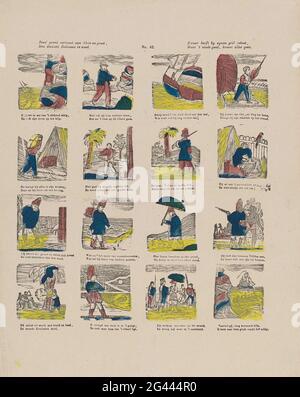 Deez 'Print ha piccole e grandi, / gli sciocchi Robinson in bisogno. / Heavy è stato briefinito hynos, / ma 't fine bene, corona tutto bene. Foglia con 16 spettacoli dalla storia di Robinson Crusoe che si è bloccato su un'isola. Ogni immagine è una nuova a due zampe. Numerato al centro: N. 42. Foto Stock