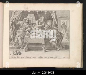 Isaac Beato Giacobbe; Storia di Jakob ed Esaù; Thesaurus sacrarum HistoriaRu [M] Veteris Testame [N] ti, Elega [N] Tissimis imaginibus Expressu [M] Excelle [N] Tissimoru [M] in Hac Arte Viroru [M] Opera: Now [N] C Primus Edu [M]. Il vecchio e cieco Isacco benedice Giacobbe, che si inginocchiò al letto. Con l'aiuto di sua madre Rebecca, che si trova sul bordo del letto, si travestì come suo fratello Esaù per ricevere la benedizione. Nel collo e nelle mani, Giacobbe porta il foglio di un pasticcio che assomiglia al suo fratello peloso. Sullo sfondo, Esaù torna dalla caccia. Sotto la mostra un riferimento Foto Stock