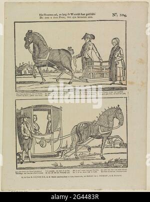 Il matrimonio sarà contestato, finché stabile, / questo vedrà questa stampa, con le sue mascelle. Foglia con 2 spettacoli. Sopra una coppia di nozze che cammina vicino ad una slitta aperta, che è tirata da un cavallo. Sotto una coppia nuziale seduta in una slitta chiusa, che viene tirata attraverso un cavallo. Sotto ogni immagine un verso. Numerato in alto a destra: N. 204. Foto Stock