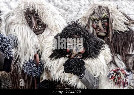 Sfilata di Carnevale del Tschäggättä a Wiler, Lötschental, Vallese, Svizzera. Foto Stock