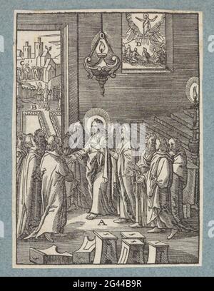 Cristo predice la sua morte e risurrezione. Cristo racconta ai suoi studenti la sua morte e risurrezione. Sulla sinistra sullo sfondo, Cristo si mostra dopo la sua risurrezione. L'Ascensione di Cristo si vede sulla destra attraverso la finestra. Con vari elementi della mostra sono lettere. La stampa fa parte di un album. Foto Stock