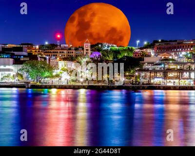 Luna piena di sangue arancione che sorge dietro gli appartamenti del CBD di Sydney e gli uffici commerciali, luci colorate che illuminano il Porto di Sydney Foto Stock