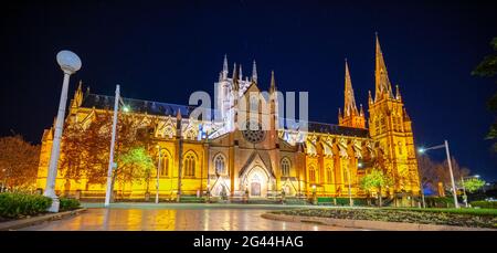 Notti luci della cattedrale di Santa Maria Chiesa luogo di culto religioso Sydney NSW Australia Saint Marys Cathedral Sydney Foto Stock