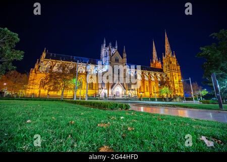 Notti luci della cattedrale di Santa Maria Chiesa luogo di culto religioso Sydney NSW Australia Saint Marys Cathedral Sydney Foto Stock