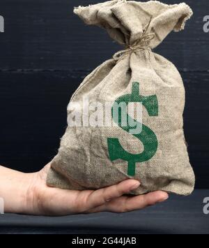 La mano tiene una borsa di tela piena di soldi con un'icona del dollaro degli Stati Uniti su uno sfondo blu. Concetto di pianificazione del budget Foto Stock