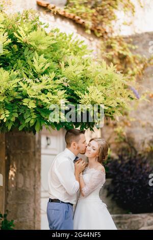 La sposa e lo sposo si abbracciano in un pittoresco cortile, sotto rami verdi, lo sposo bacia la sposa sulla guancia Foto Stock