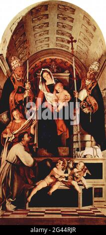 Lorenzo Lotto - altare Polittico Recanati scheda madre Madonn Enthroned with Christ Child Three Angels St 1508 Foto Stock