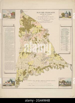Mappa dei colpi a Waterloo, 1815; piano di battaglie consegnato a Waterloo. Mappa della zona in cui furono combattute le battaglie di Quatre-Bras e Waterloo, 15-18 giugno 1815. Mappa centrale con posizione degli eserciti, banderole sinistra e destra con la leggenda e una panoramica delle parti dei diversi eserciti. Nei quattro angoli di piccole prestazioni di la Belle Alliance, il Sint-Jozefskerk a Waterloo, la rovina della Hoeve van Hougoumont e la Hoeve la Haye-Sainte a Mont-Saint-Jean. Foto Stock