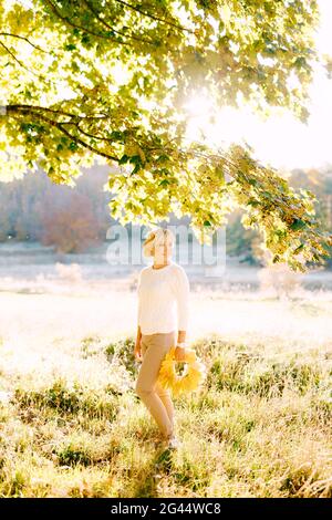 Donna che tiene una corona di foglie gialle sotto un albero in autunno foresta Foto Stock