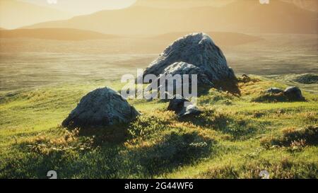 Prato con enormi pietre tra l'erba sulla collina al tramonto Foto Stock
