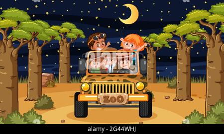 Safari di notte con molti bambini in una jeep auto illustrazione Illustrazione Vettoriale