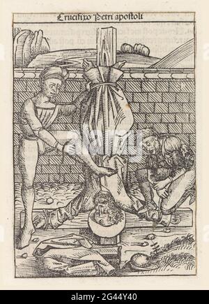 Crocifissione di Petrus; Crocifisso Petri Apostoli; Liber cronicarum. Petrus è crocifisso con la testa a sua richiesta. Due uomini lo legano sulla croce. La stampa fa parte di un album. Foto Stock